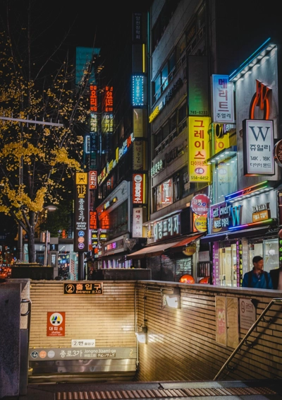 Fra Sydkorea - en gade med neonskilte og mennesker