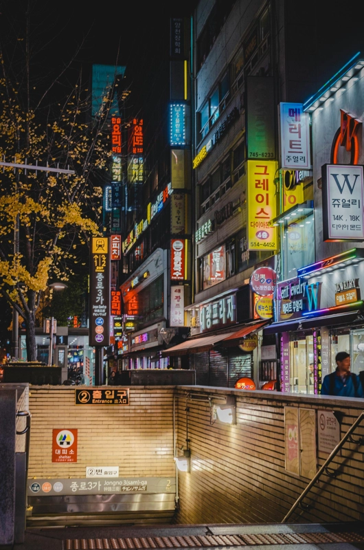 Fra Sydkorea - en gade med neonskilte og mennesker